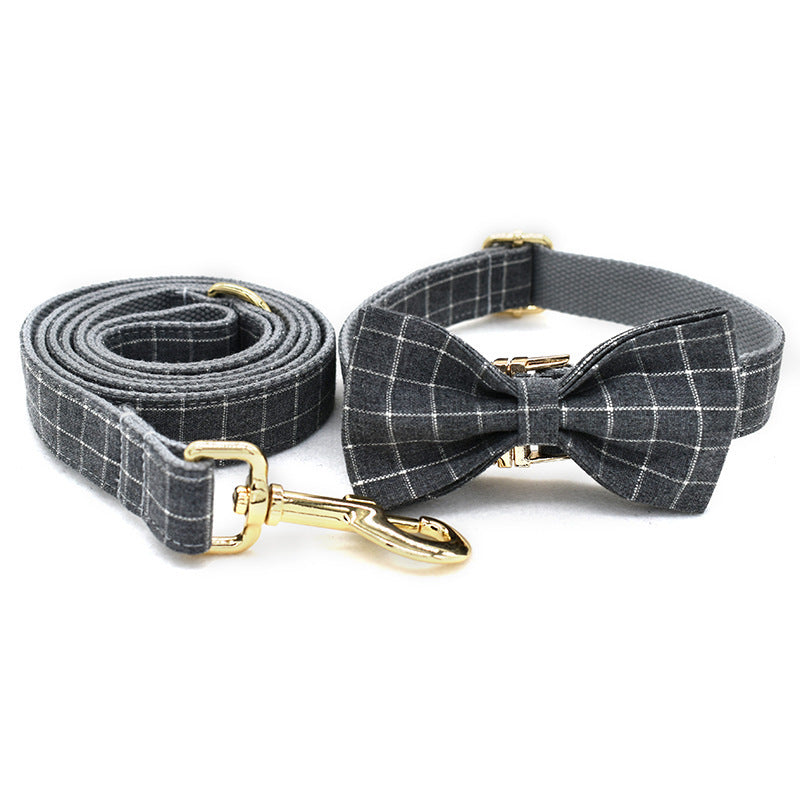 JMT-655114 Grey Plaid Dog Collar with Golden Metal Button - Adjustable Nylon Design