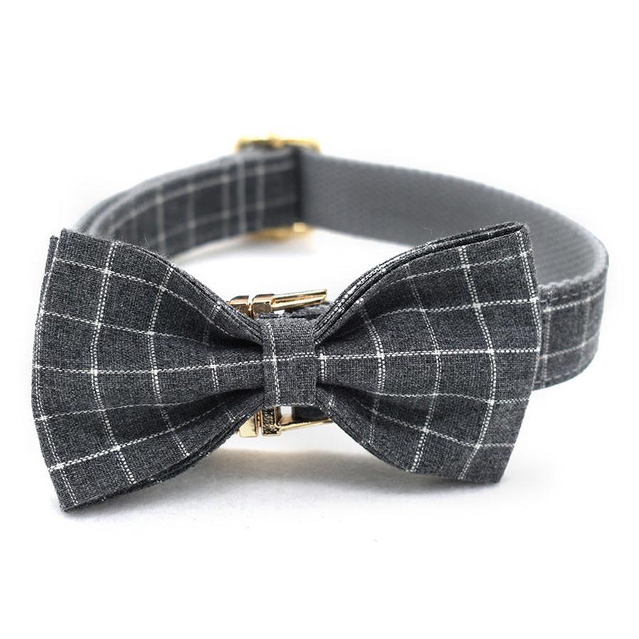 JMT-655114 Grey Plaid Dog Collar with Golden Metal Button - Adjustable Nylon Design
