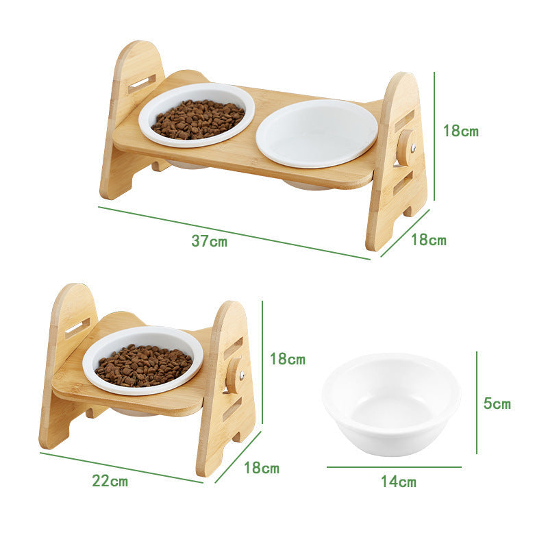 JMT-655626 Elevated Solid Wood Ceramic Cat Bowl with Adjustable 15° Tilt for Comfort and Cervical Spine Health