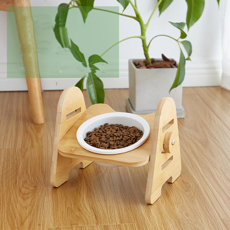 JMT-655626 Elevated Solid Wood Ceramic Cat Bowl with Adjustable 15° Tilt for Comfort and Cervical Spine Health