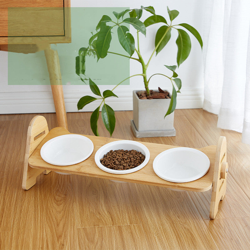 JMT-655626 Elevated Solid Wood Ceramic Cat Bowl with Adjustable 15° Tilt for Comfort and Cervical Spine Health