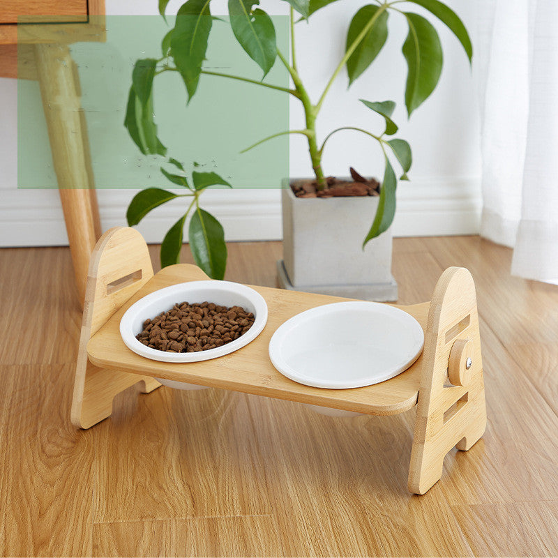 JMT-655626 Elevated Solid Wood Ceramic Cat Bowl with Adjustable 15° Tilt for Comfort and Cervical Spine Health