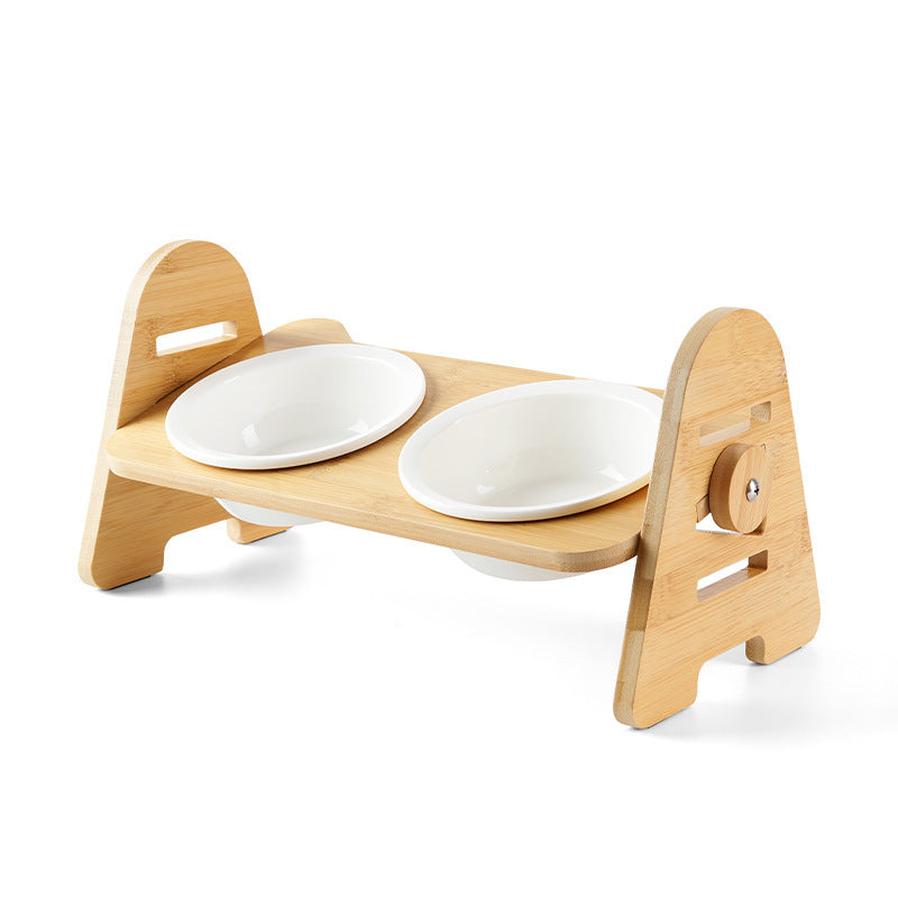 JMT-655626 Elevated Solid Wood Ceramic Cat Bowl with Adjustable 15° Tilt for Comfort and Cervical Spine Health