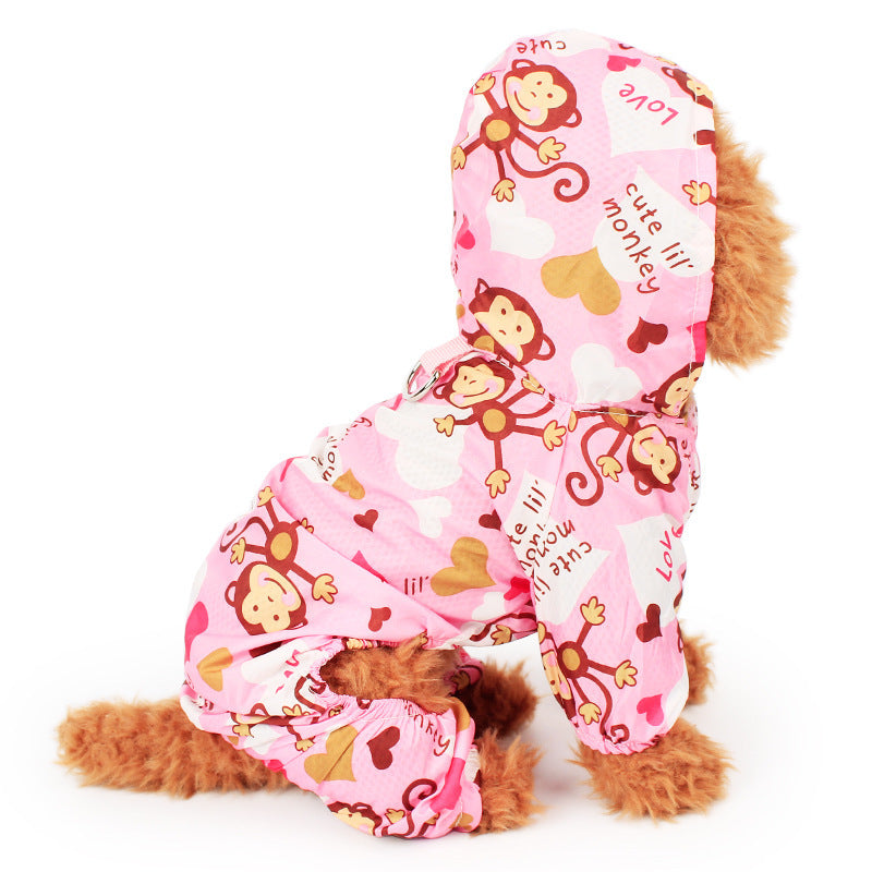 JMT-656074 Cute Printed Pet Raincoat for Small Dogs - Pink, Blue, and Yellow Monkey Designs, Multiple Sizes Available
