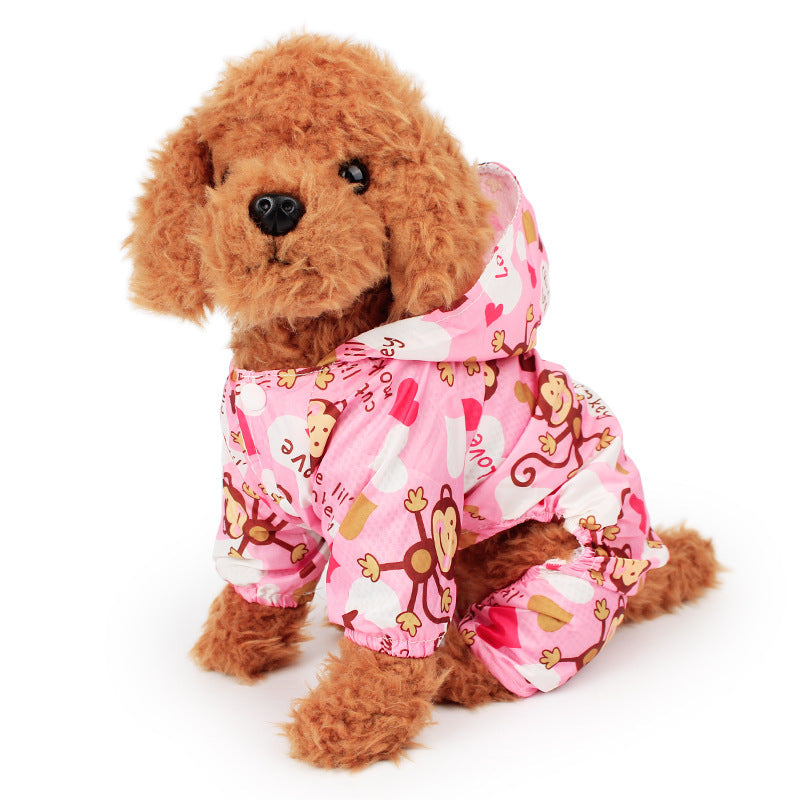 JMT-656074 Cute Printed Pet Raincoat for Small Dogs - Pink, Blue, and Yellow Monkey Designs, Multiple Sizes Available