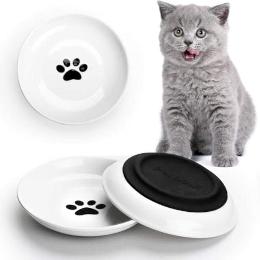 JMT-657930 Ceramic Cat Food Bowls with Non-Slip Silicone Base – Whisker-Friendly Shallow Dishes for Cats and Small Dogs, Dishwasher and Microwave Safe