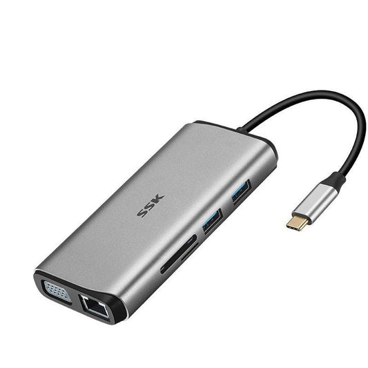 JMT-660746 Multi-Port Type-C Converter Adapter with HDMI, VGA, USB 3.0, Network Port, SD Card Reader, and Audio Output