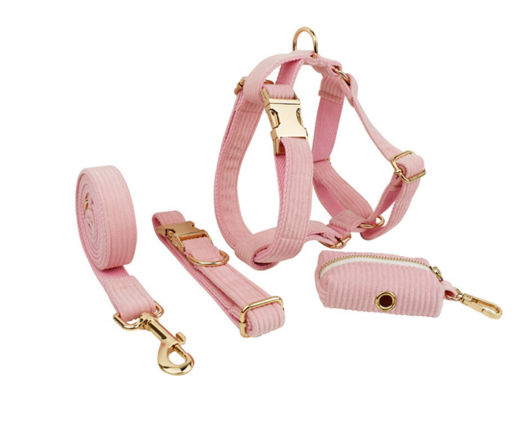 JMT-661386 Velvet Fabric Dog Collar Set with Adjustable Harness, Leash, Bow Knot, Flower, and Poop Bag