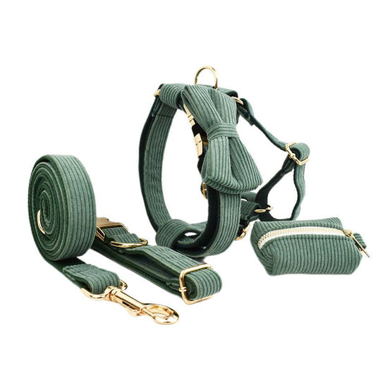 JMT-661386 Velvet Fabric Dog Collar Set with Adjustable Harness, Leash, Bow Knot, Flower, and Poop Bag