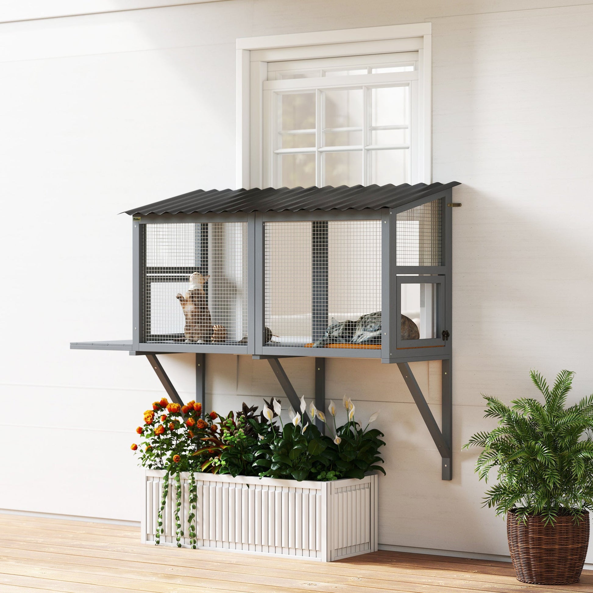 JMT-662218 Gray Wooden Cat Catio with Window Perch and Jumping Platform for Indoor Cats Enjoying Outdoor Views