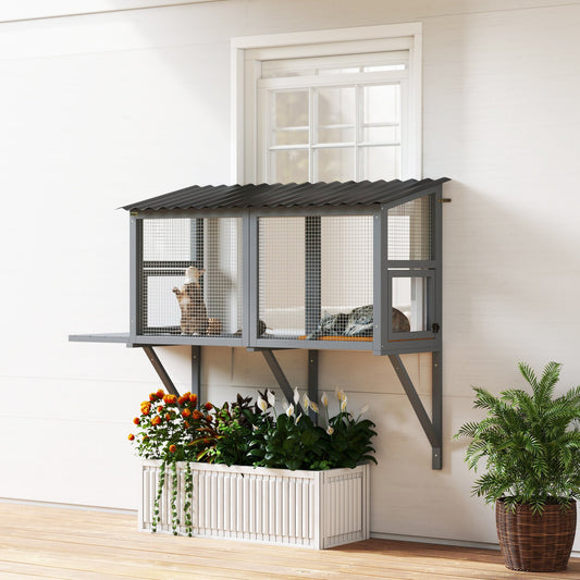 JMT-662218 Gray Wooden Cat Catio with Window Perch and Jumping Platform for Indoor Cats Enjoying Outdoor Views