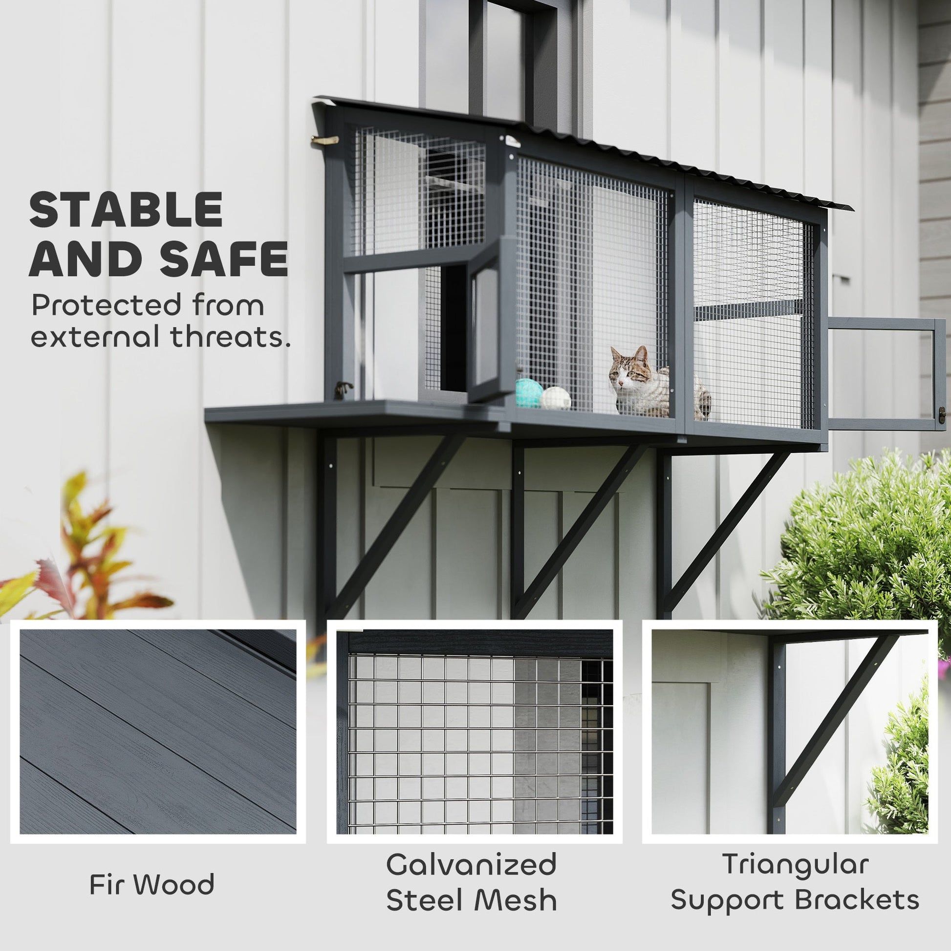 JMT-662218 Gray Wooden Cat Catio with Window Perch and Jumping Platform for Indoor Cats Enjoying Outdoor Views