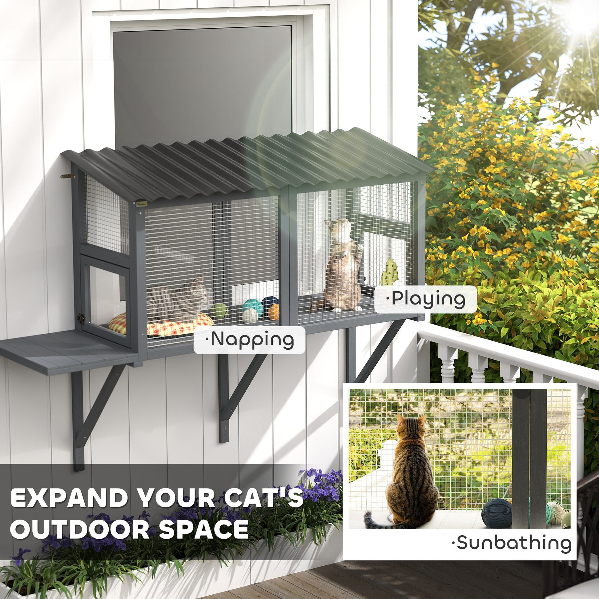 JMT-662218 Gray Wooden Cat Catio with Window Perch and Jumping Platform for Indoor Cats Enjoying Outdoor Views
