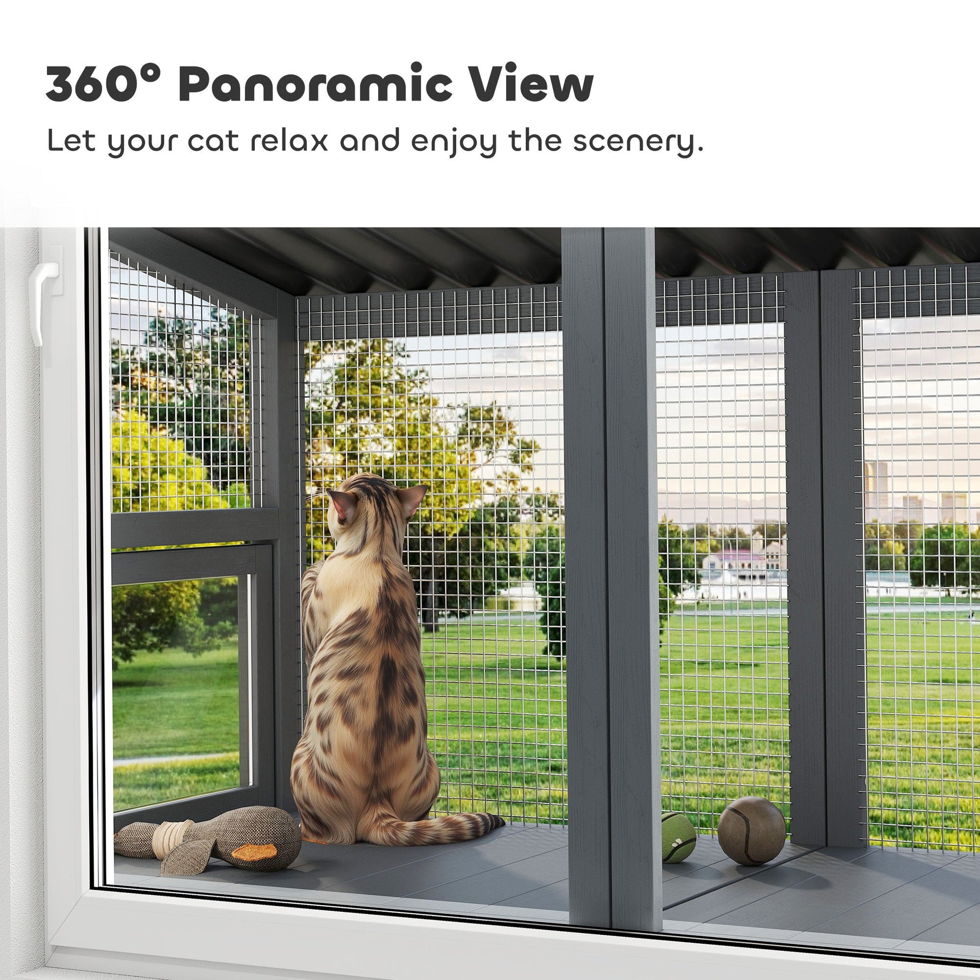 JMT-662218 Gray Wooden Cat Catio with Window Perch and Jumping Platform for Indoor Cats Enjoying Outdoor Views