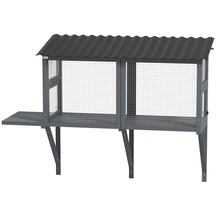 JMT-662218 Gray Wooden Cat Catio with Window Perch and Jumping Platform for Indoor Cats Enjoying Outdoor Views