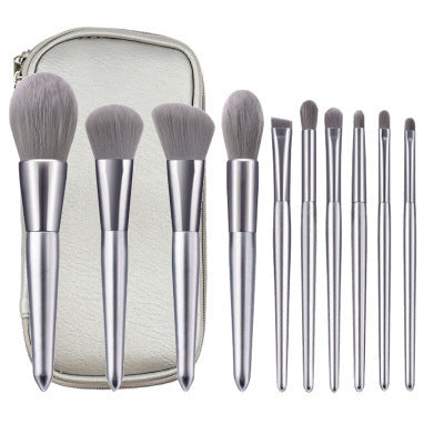 JMT-662794 Moonlight Silver 10-Piece Makeup Brush Set with Wooden Handles and PU Bag
