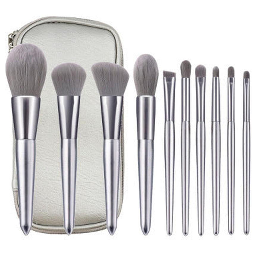JMT-662794 Moonlight Silver 10-Piece Makeup Brush Set with Wooden Handles and PU Bag