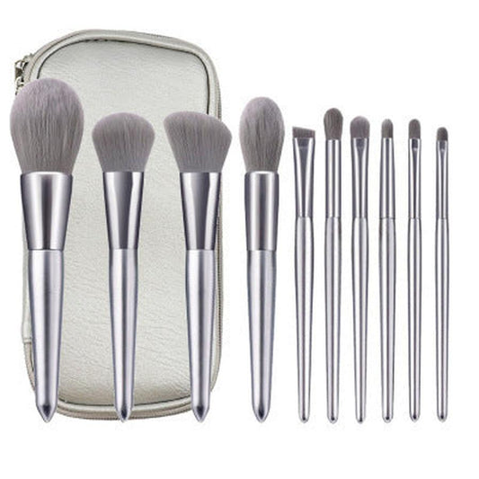 JMT-662794 Moonlight Silver 10-Piece Makeup Brush Set with Wooden Handles and PU Bag