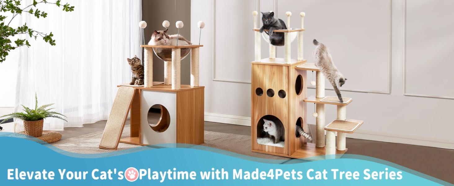 JMT-663370 Indoor Wooden Cat Climbing Frame with Scratching Post, Ramp, and Cozy Condo for Large Cats and Kittens