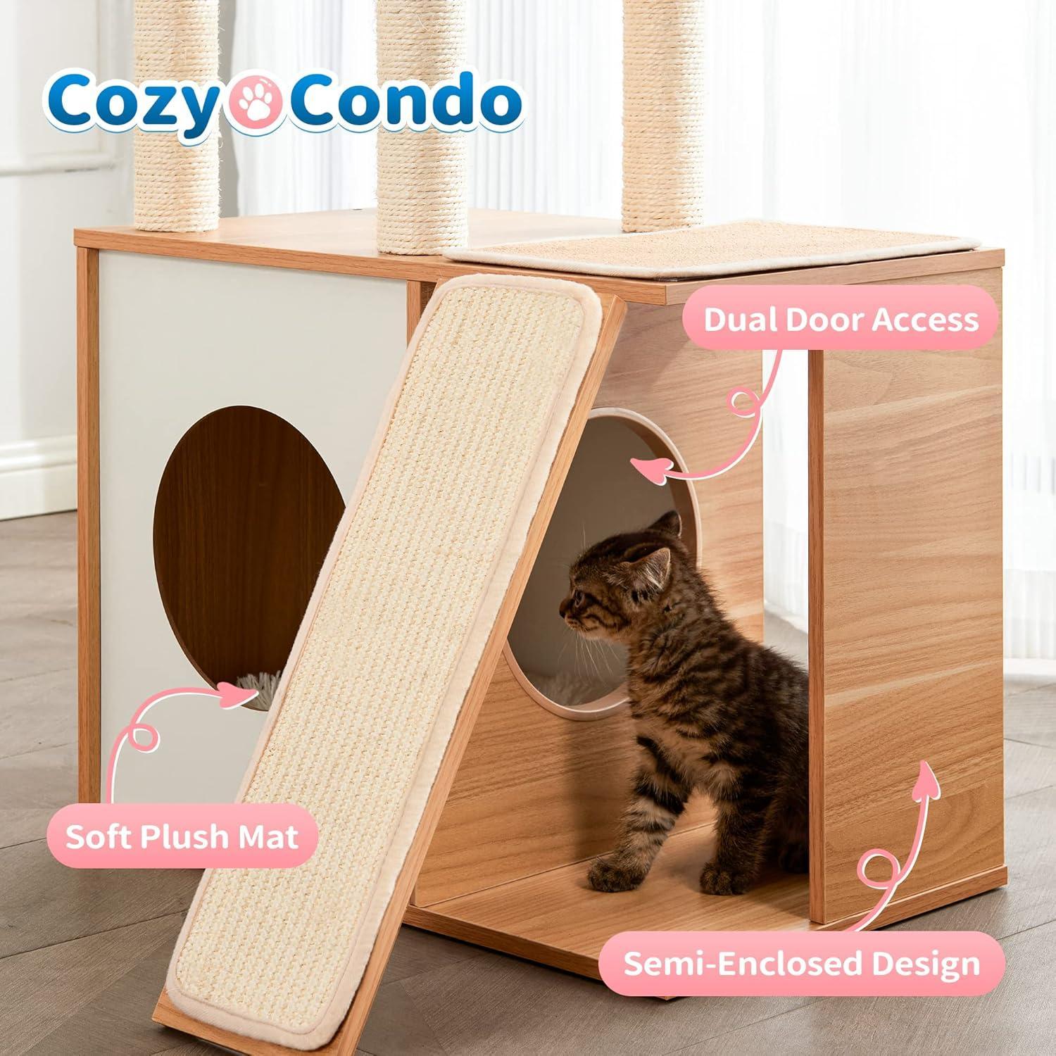 JMT-663370 Indoor Wooden Cat Climbing Frame with Scratching Post, Ramp, and Cozy Condo for Large Cats and Kittens