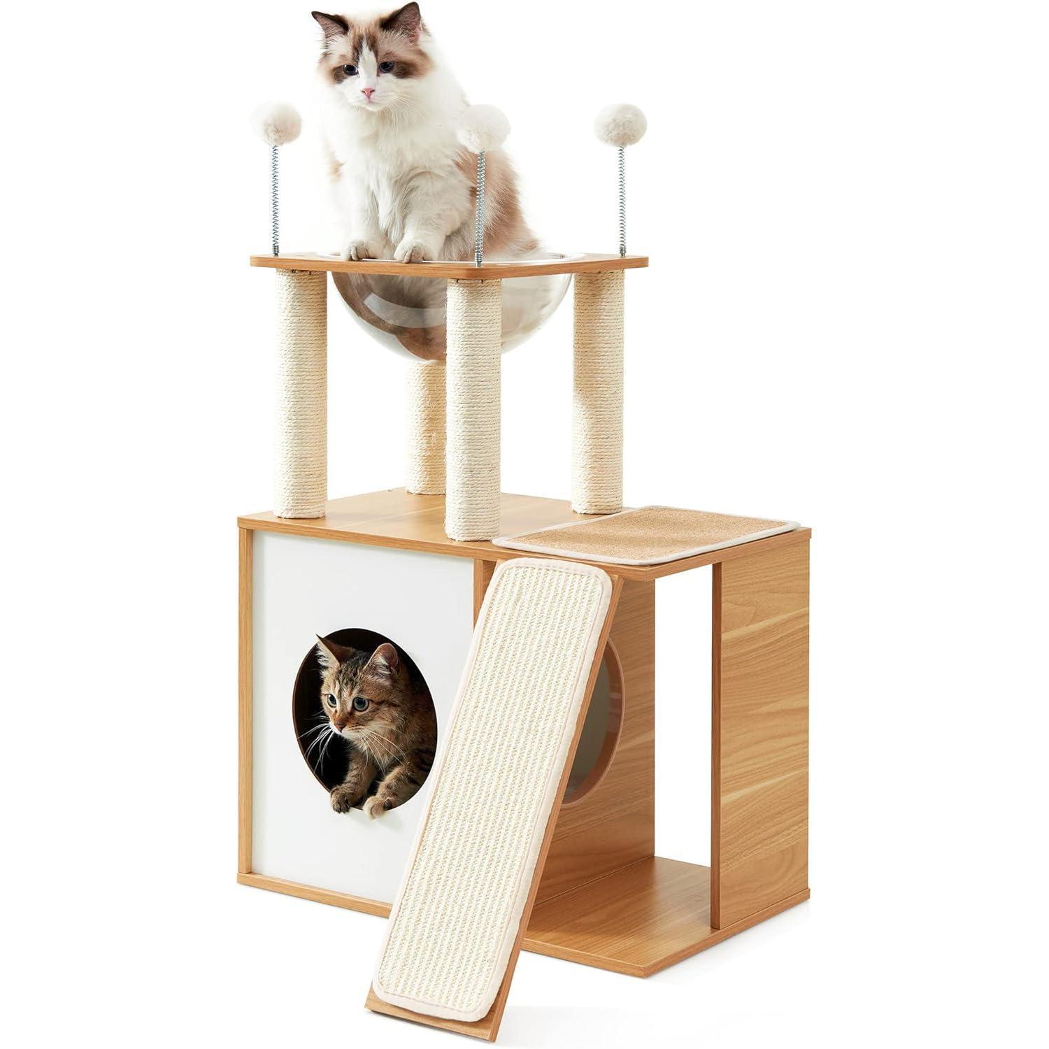 JMT-663370 Indoor Wooden Cat Climbing Frame with Scratching Post, Ramp, and Cozy Condo for Large Cats and Kittens