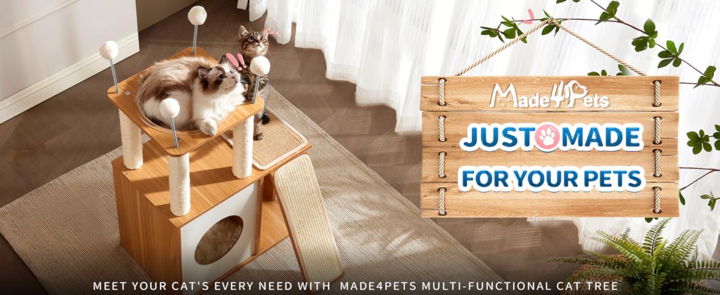 JMT-663370 Indoor Wooden Cat Climbing Frame with Scratching Post, Ramp, and Cozy Condo for Large Cats and Kittens
