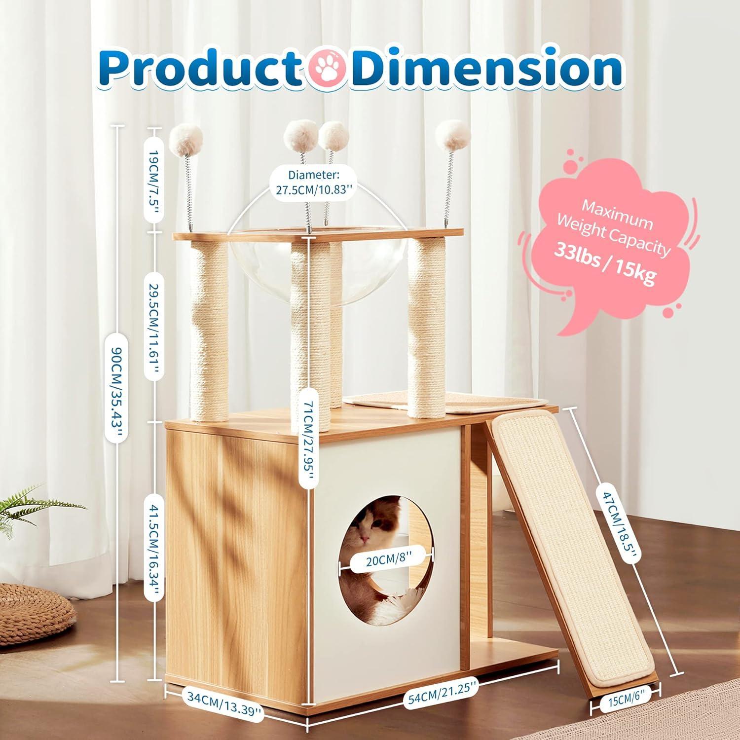 JMT-663370 Indoor Wooden Cat Climbing Frame with Scratching Post, Ramp, and Cozy Condo for Large Cats and Kittens