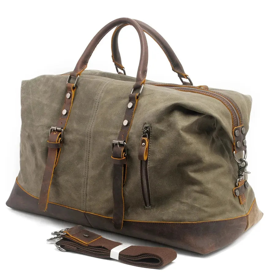 JMT-663754 Vintage Canvas Duffel Bag for Men - Large Tote Luggage, 54cm x 23cm x 42cm, Cowhide Accents