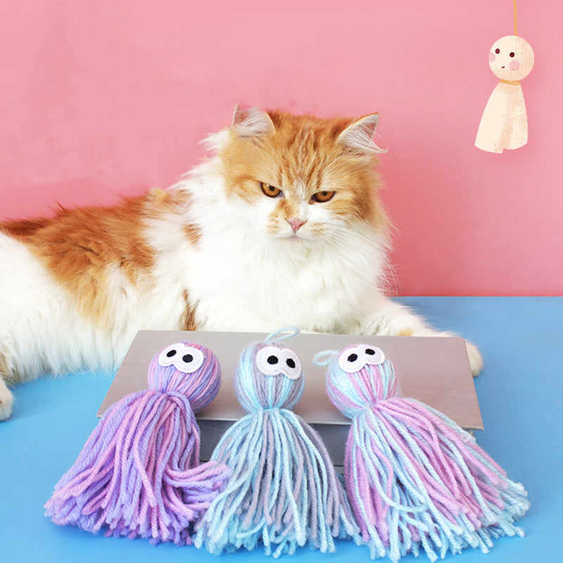 JMT-665802 Bite-Resistant Wool Ball Cat Toy for Kittens and Cats – Teaser Stick with Hanging Feature