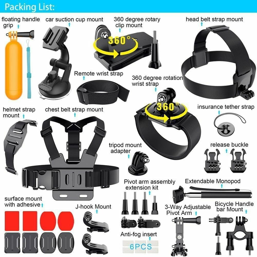 JMT-668490 Universal Sports Camera Mounting Accessories Kit with Chest Strap, Head Belt, Monopod, and More