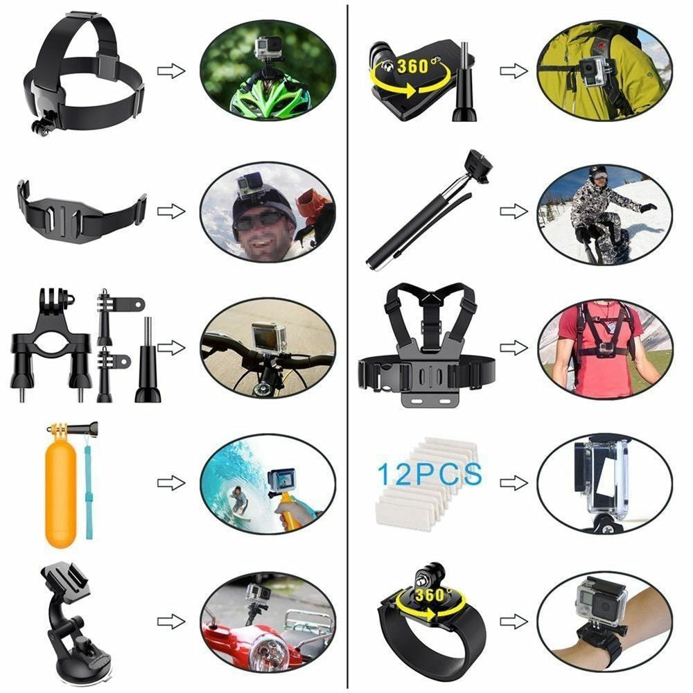 JMT-668490 Universal Sports Camera Mounting Accessories Kit with Chest Strap, Head Belt, Monopod, and More
