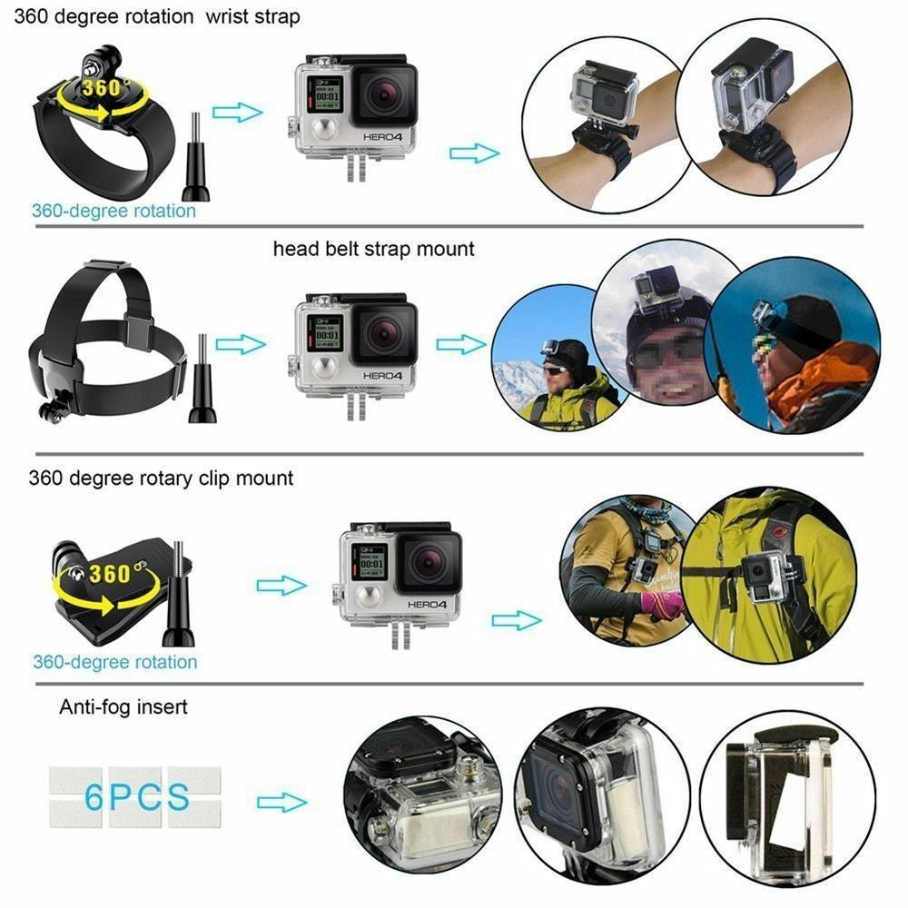 JMT-668490 Universal Sports Camera Mounting Accessories Kit with Chest Strap, Head Belt, Monopod, and More
