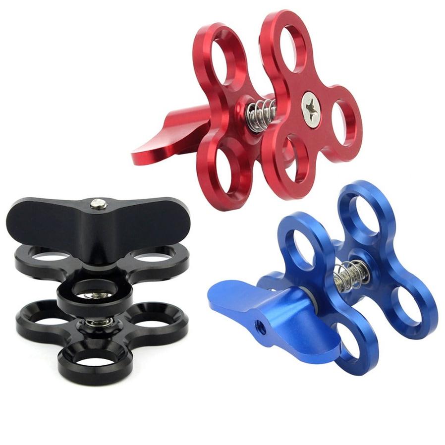 JMT-668810 Three-Hole Butterfly Clip for Diving Photography, Compatible with GOPRO and Other Action Cameras, Aluminum Alloy, 55*55*62mm, Available in Red, Blue, Black