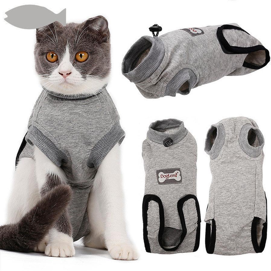 JMT-668874 Cotton Post-Sterilization Recovery Outfit for Cats - Gray, XXS to M Sizes Available