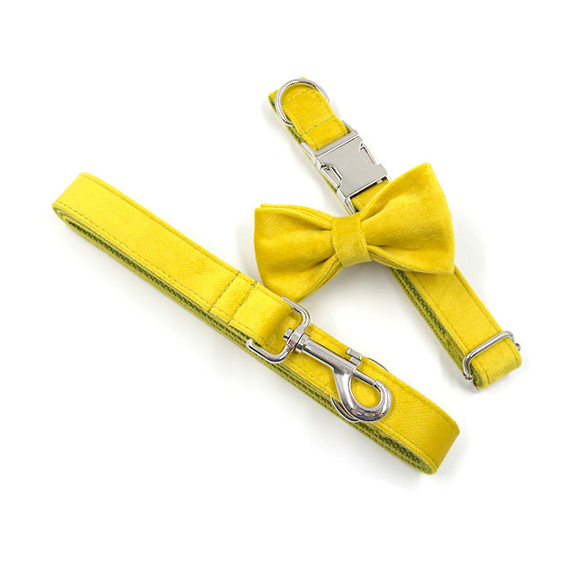 JMT-669450 Elegant Yellow and Green Velvet Dog Collar and Leash Set with Silver Buckle