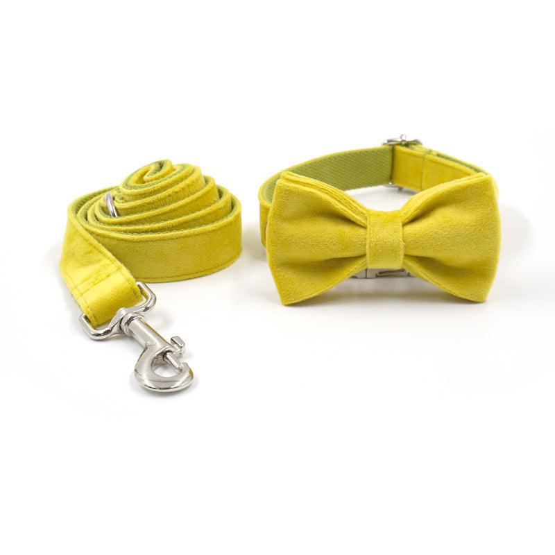 JMT-669450 Elegant Yellow and Green Velvet Dog Collar and Leash Set with Silver Buckle