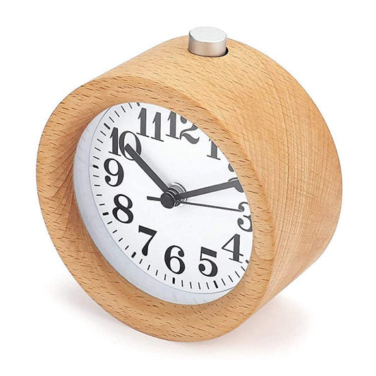 JMT-670282 Solid Beech Wood Silent Snooze Alarm Clock - 4-Inch Height with Glass Mirror and PVC Dial