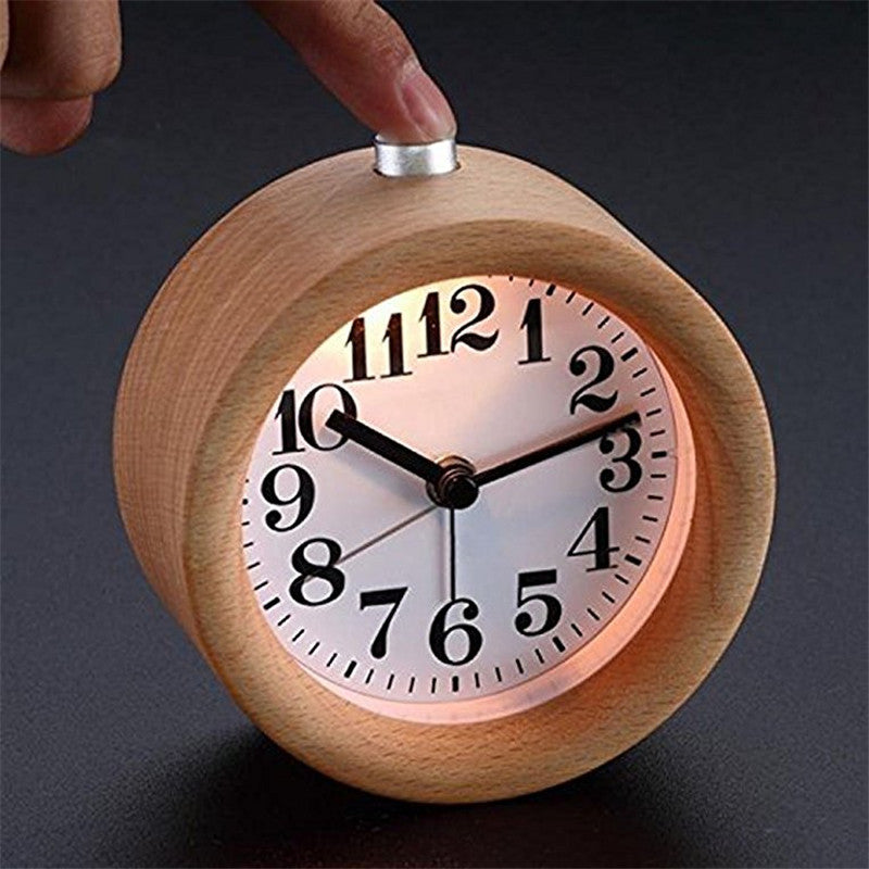 JMT-670282 Solid Beech Wood Silent Snooze Alarm Clock - 4-Inch Height with Glass Mirror and PVC Dial