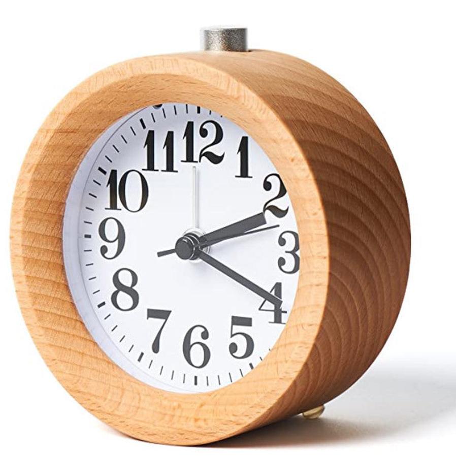 JMT-670282 Solid Beech Wood Silent Snooze Alarm Clock - 4-Inch Height with Glass Mirror and PVC Dial
