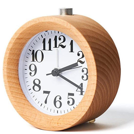 JMT-670282 Solid Beech Wood Silent Snooze Alarm Clock - 4-Inch Height with Glass Mirror and PVC Dial