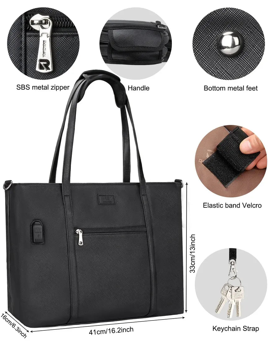 JMT-670602 Waterproof Leather Laptop Tote Bag for Women with USB Charging Port