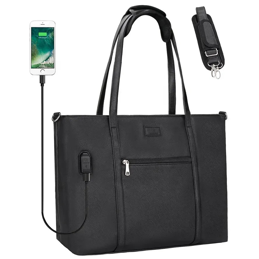 JMT-670602 Waterproof Leather Laptop Tote Bag for Women with USB Charging Port