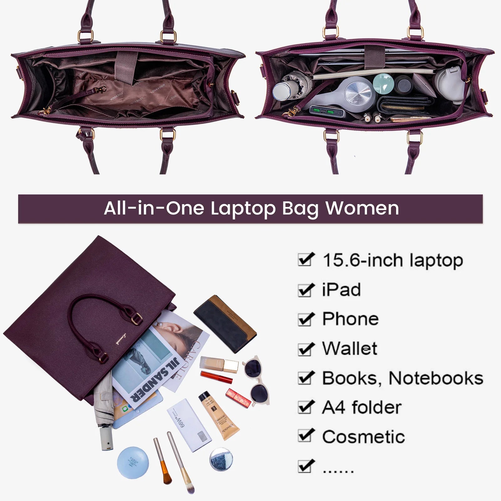 JMT-670986 Multi-Layer Laptop Tote Bag with 7 Pockets for Women - Versatile PU Leather Business Crossbody Messenger Bag