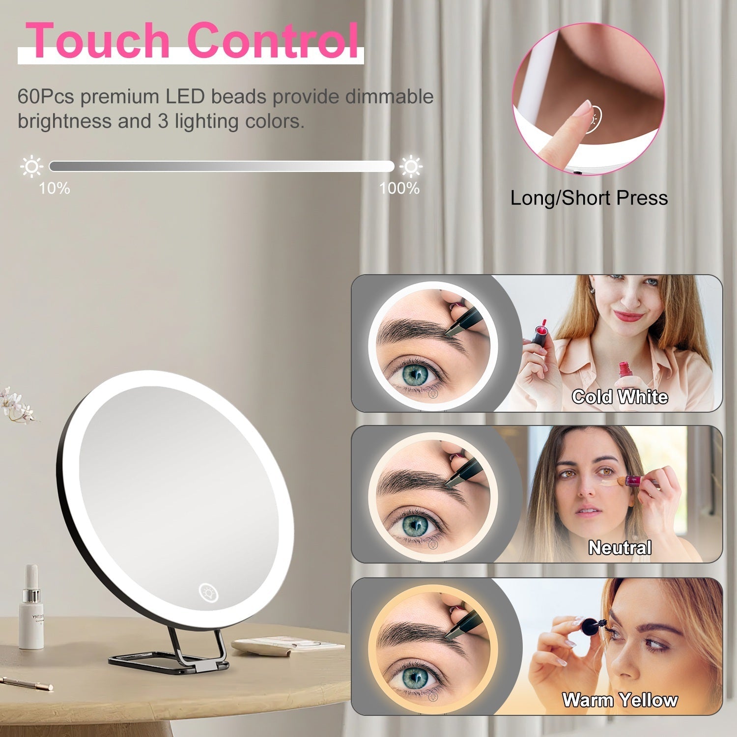 JMT-672394 30X Magnifying Makeup Mirror with Adjustable Light, Rechargeable Battery, and Compact Design for Travel