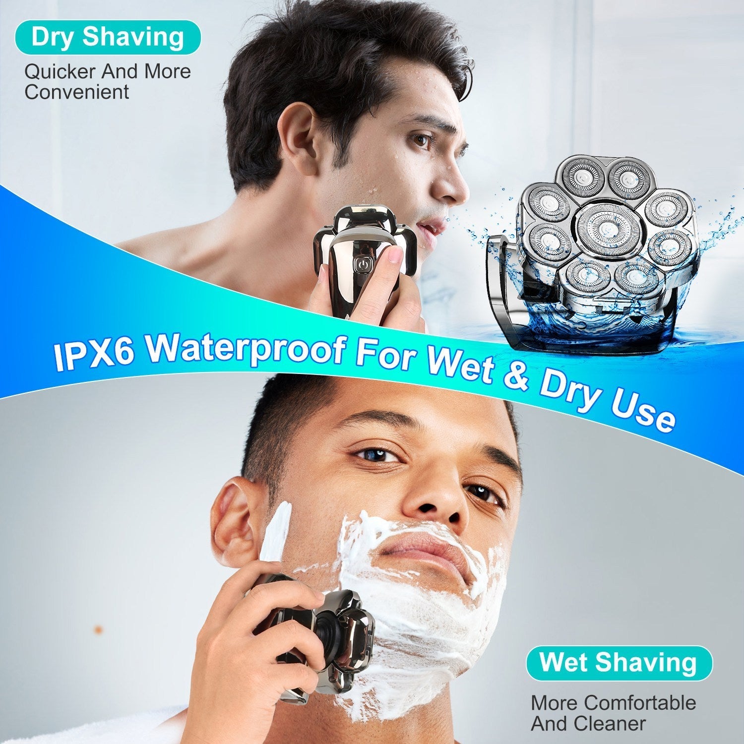 JMT-672650 6-in-1 Cordless Rechargeable 9D Electric Head Shaver for Men with LED Display and Travel Lock