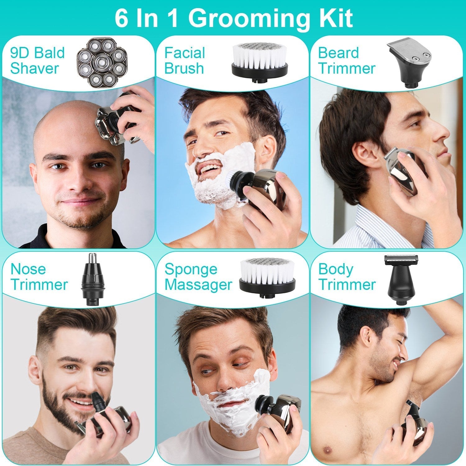 JMT-672650 6-in-1 Cordless Rechargeable 9D Electric Head Shaver for Men with LED Display and Travel Lock