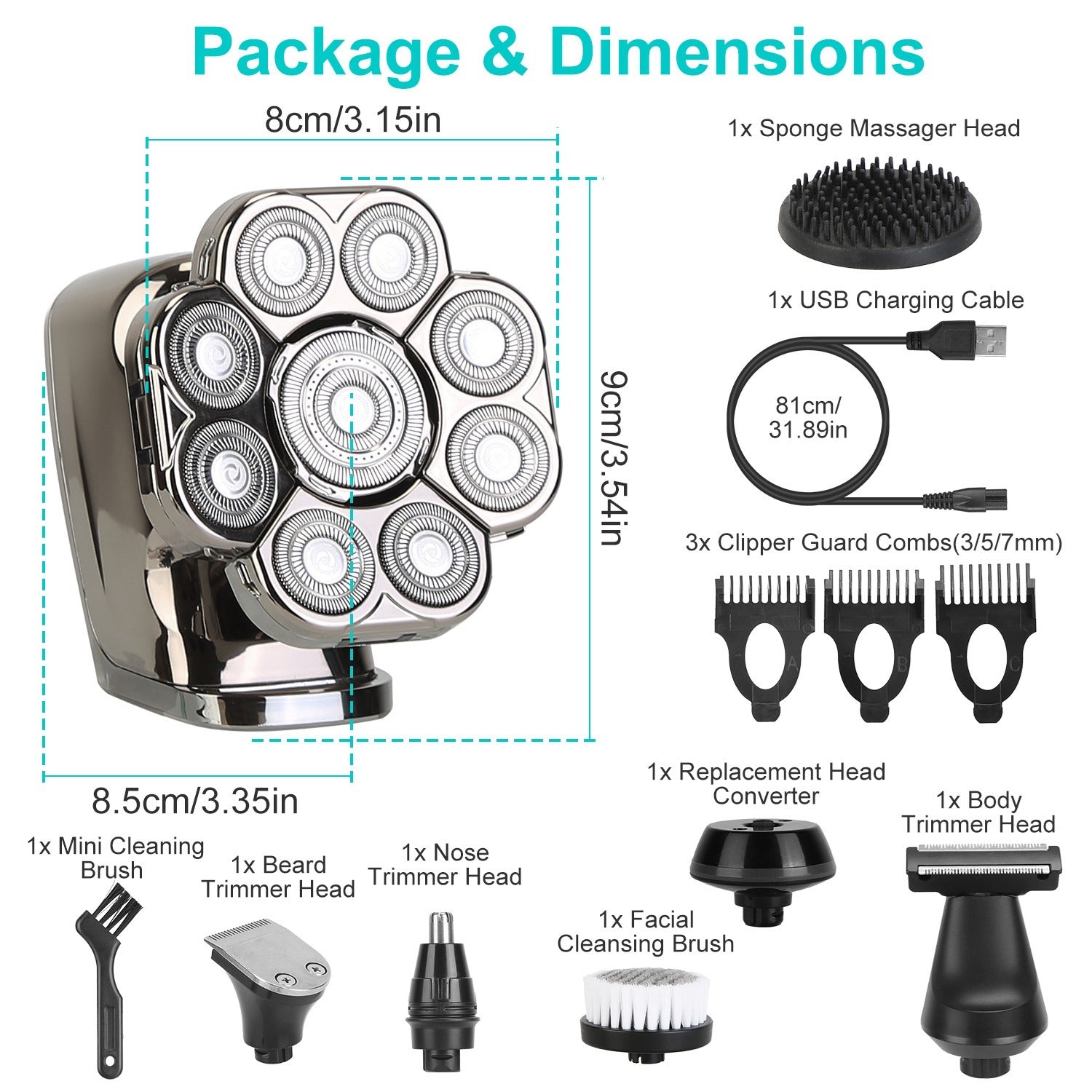 JMT-672650 6-in-1 Cordless Rechargeable 9D Electric Head Shaver for Men with LED Display and Travel Lock