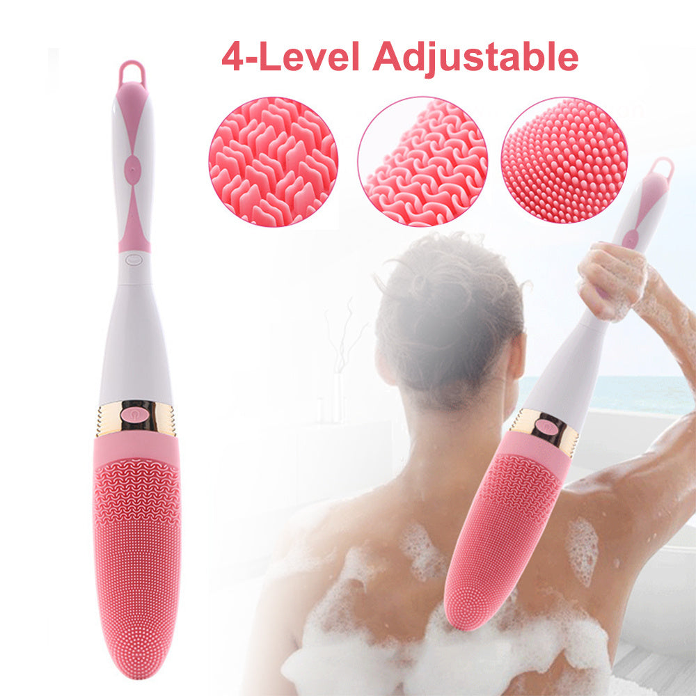 JMT-673546 Electric Silicone Bath Brush with Long Handle for Deep Cleaning and Massage, Adjustable Vibration Levels, IPX5 Waterproof