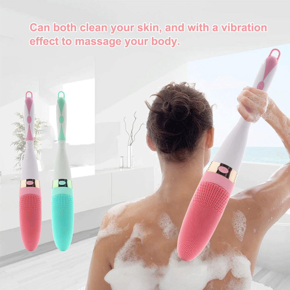 JMT-673546 Electric Silicone Bath Brush with Long Handle for Deep Cleaning and Massage, Adjustable Vibration Levels, IPX5 Waterproof