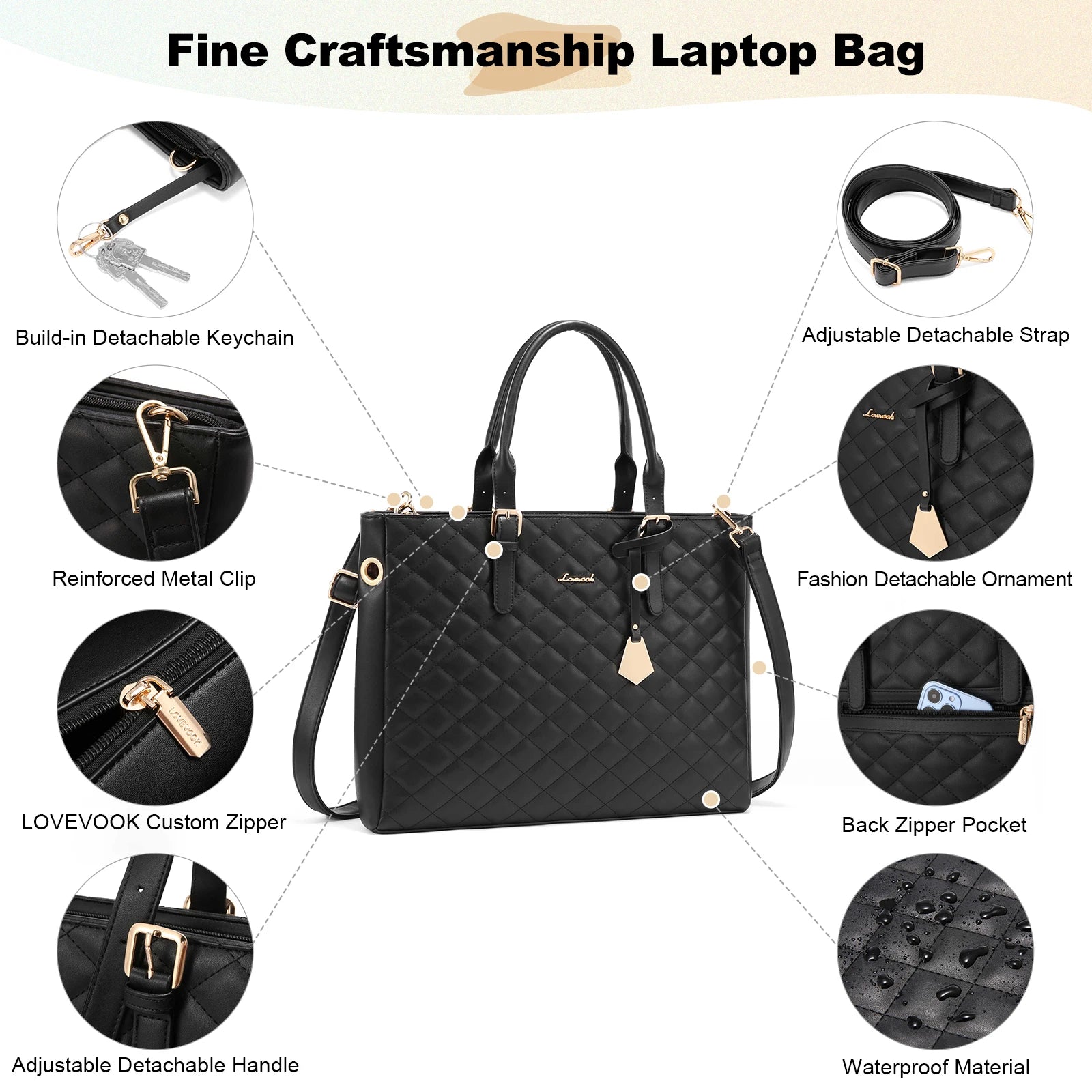 JMT-674378 Quilted PU Leather Laptop Briefcase and Tote Bag Set for Women - Fits 15.6 Inch Laptops